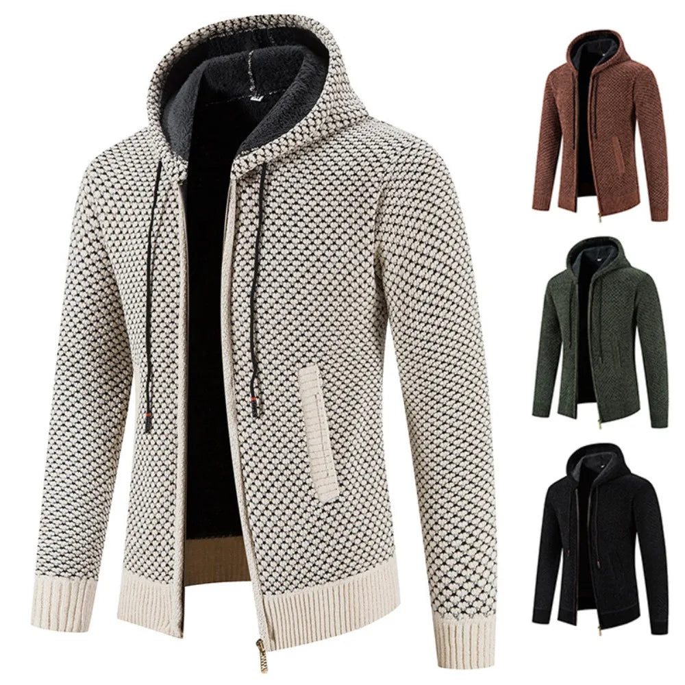 Veste zippée en maille pour homme automne chaude doublée en polaire avec capuche intégrée Noé