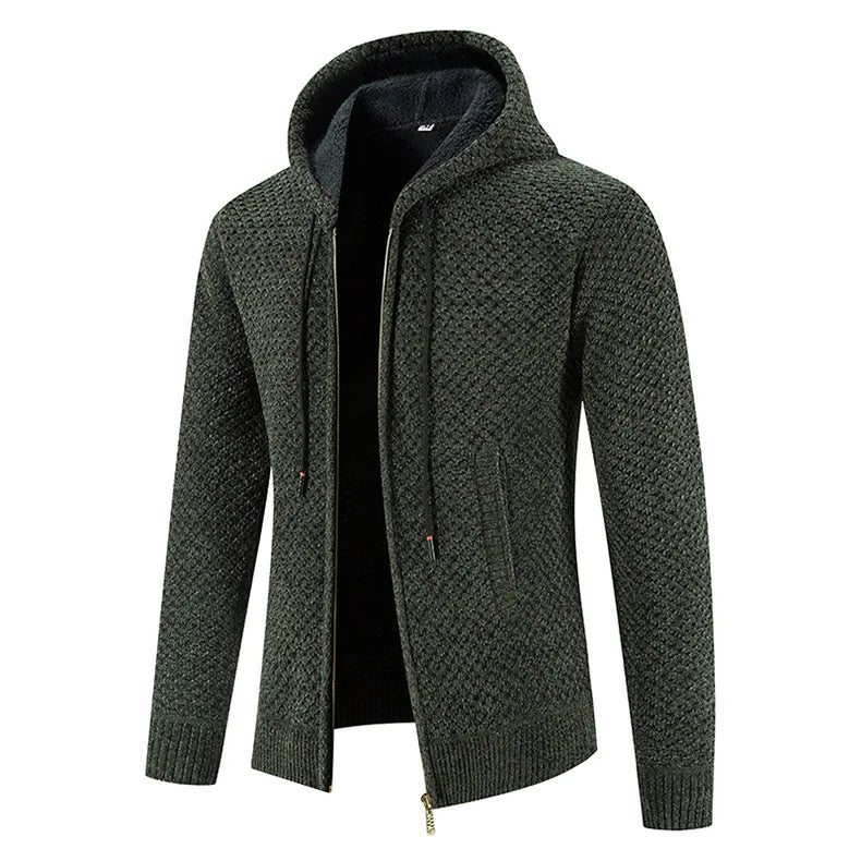 Veste zippée en maille pour homme automne chaude doublée en polaire avec capuche intégrée Noé