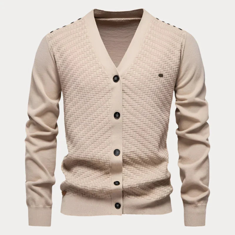 Cardigan en maille pour homme automne élégant texturé en coton mélangé avec col en V Adrien