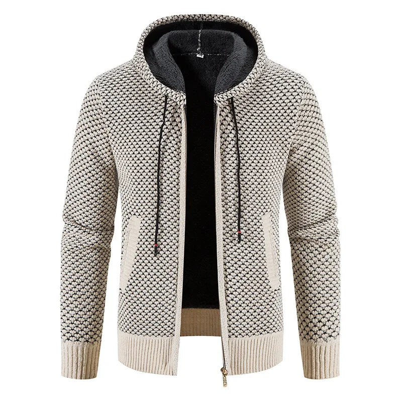 Veste zippée en maille pour homme automne chaude doublée en polaire avec capuche intégrée Noé