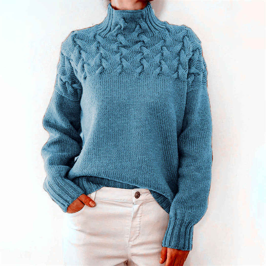 Pull en maille torsadée pour femme automne à col montant à coupe longue Sansa