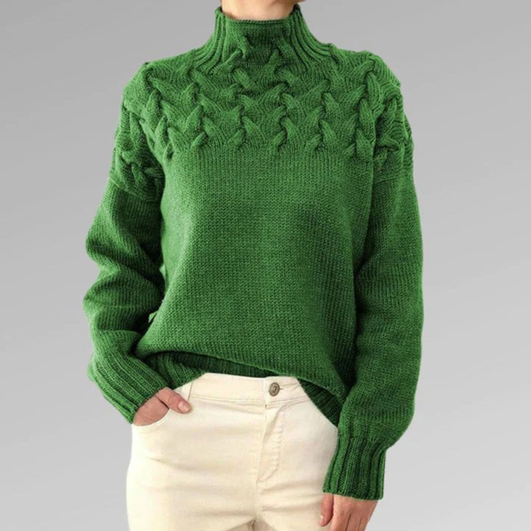 Pull en maille torsadée pour femme automne à col montant à coupe longue Sansa
