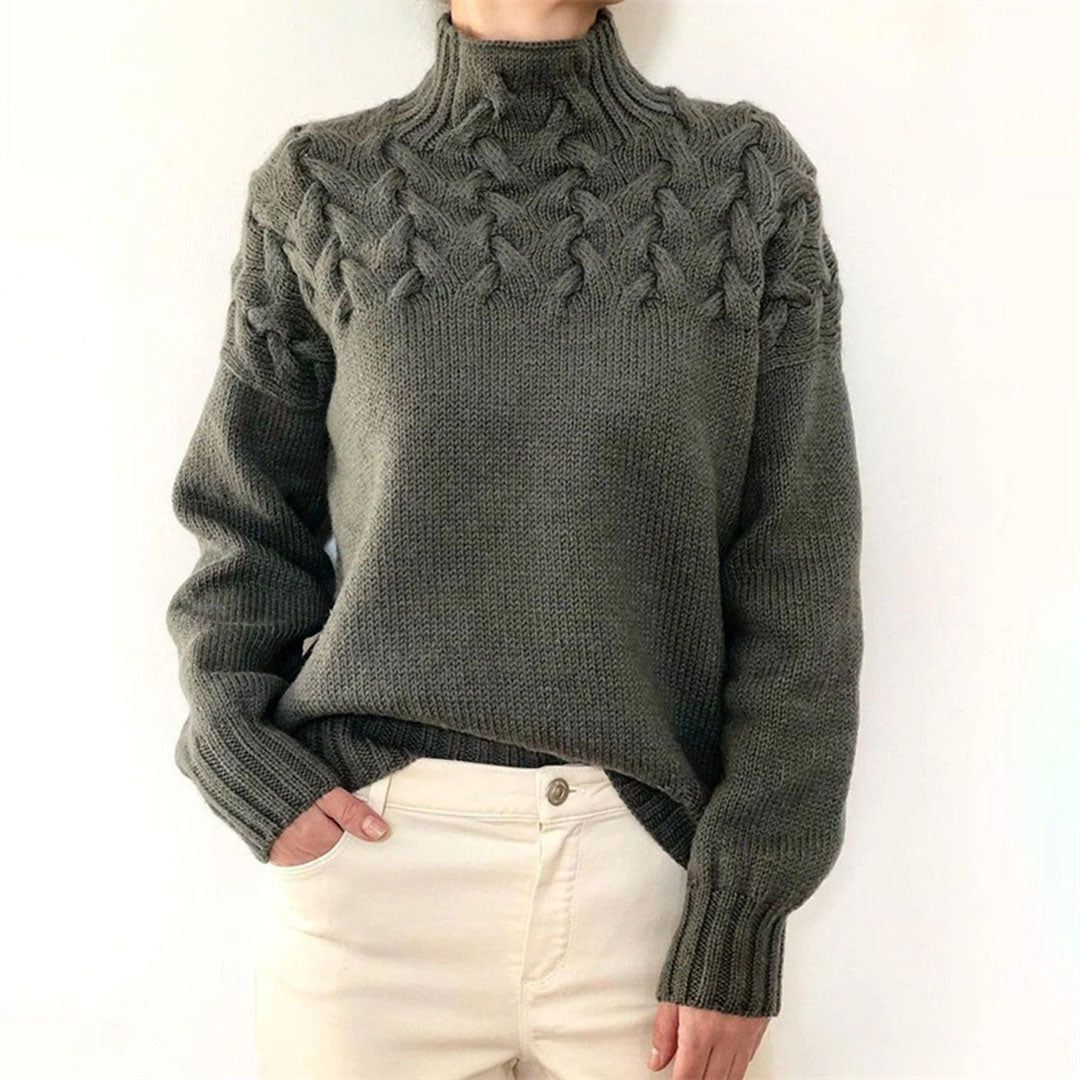 Pull en maille torsadée pour femme automne à col montant à coupe longue Sansa