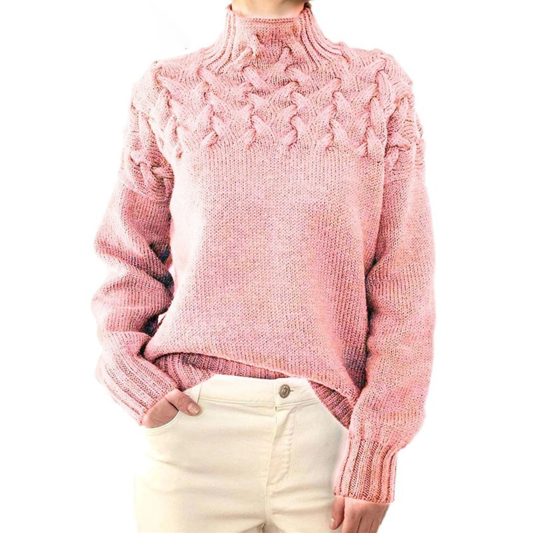 Pull en maille torsadée pour femme automne à col montant à coupe longue Sansa