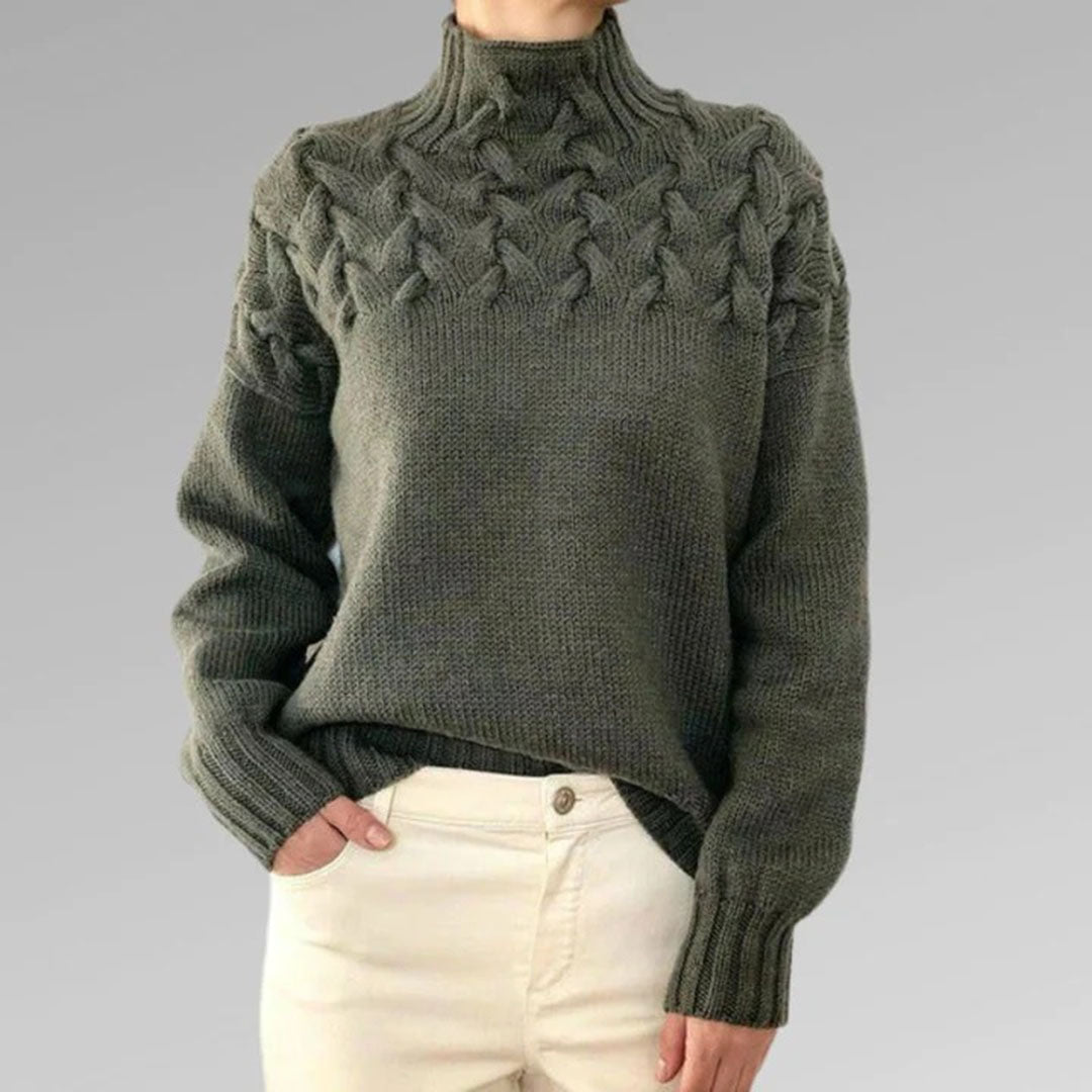 Pull en maille torsadée pour femme automne à col montant à coupe longue Sansa