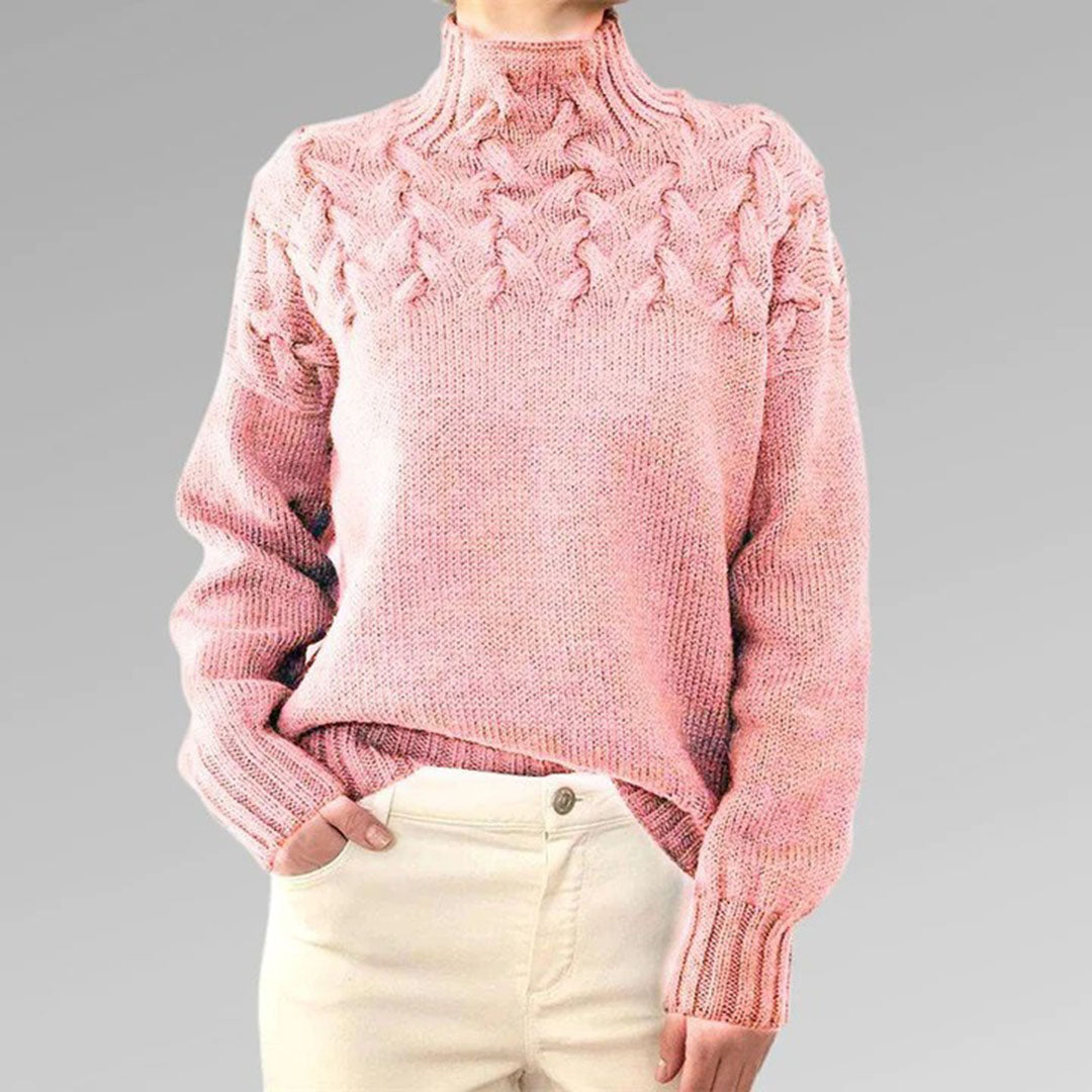 Pull en maille torsadée pour femme automne à col montant à coupe longue Sansa