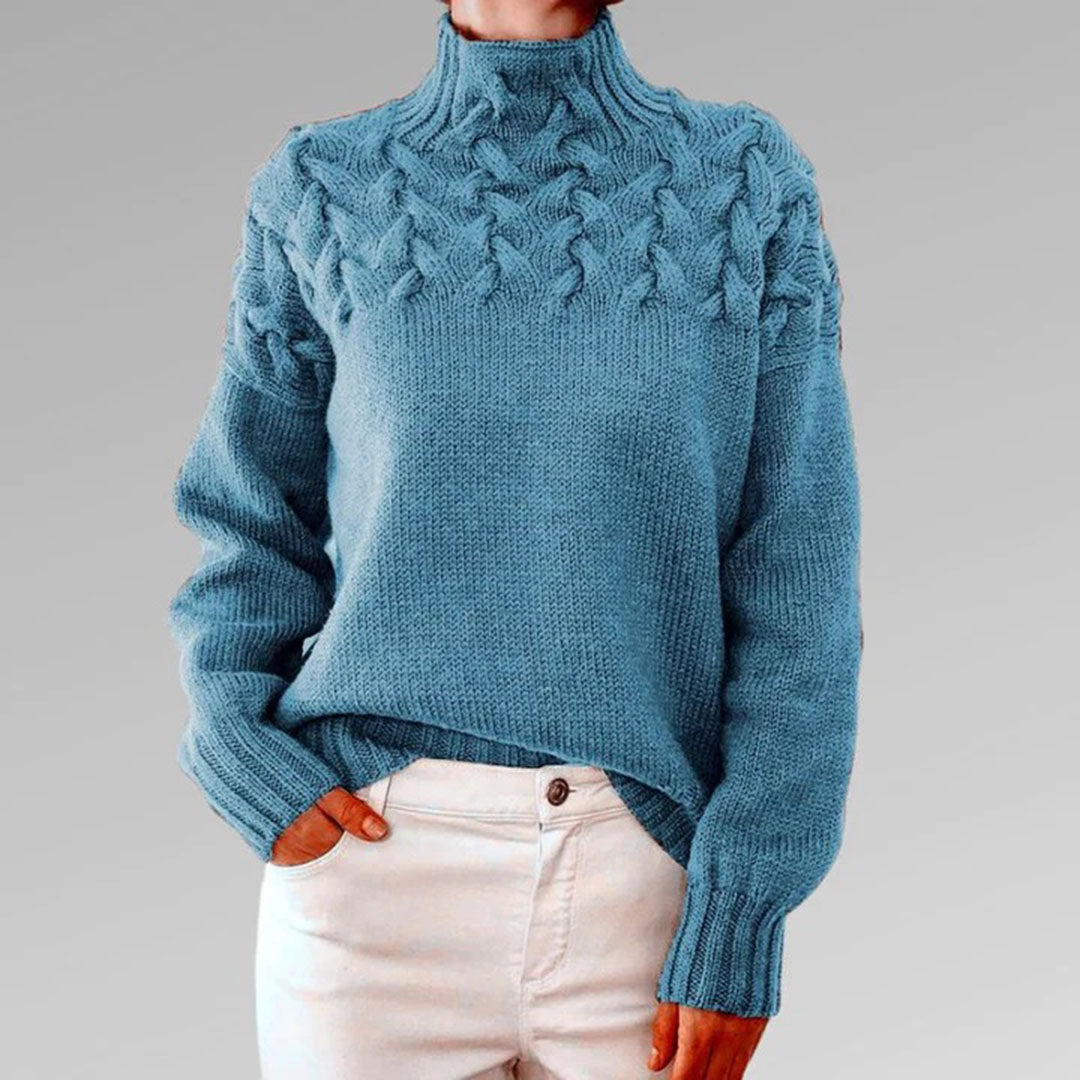 Pull en maille torsadée pour femme automne à col montant à coupe longue Sansa