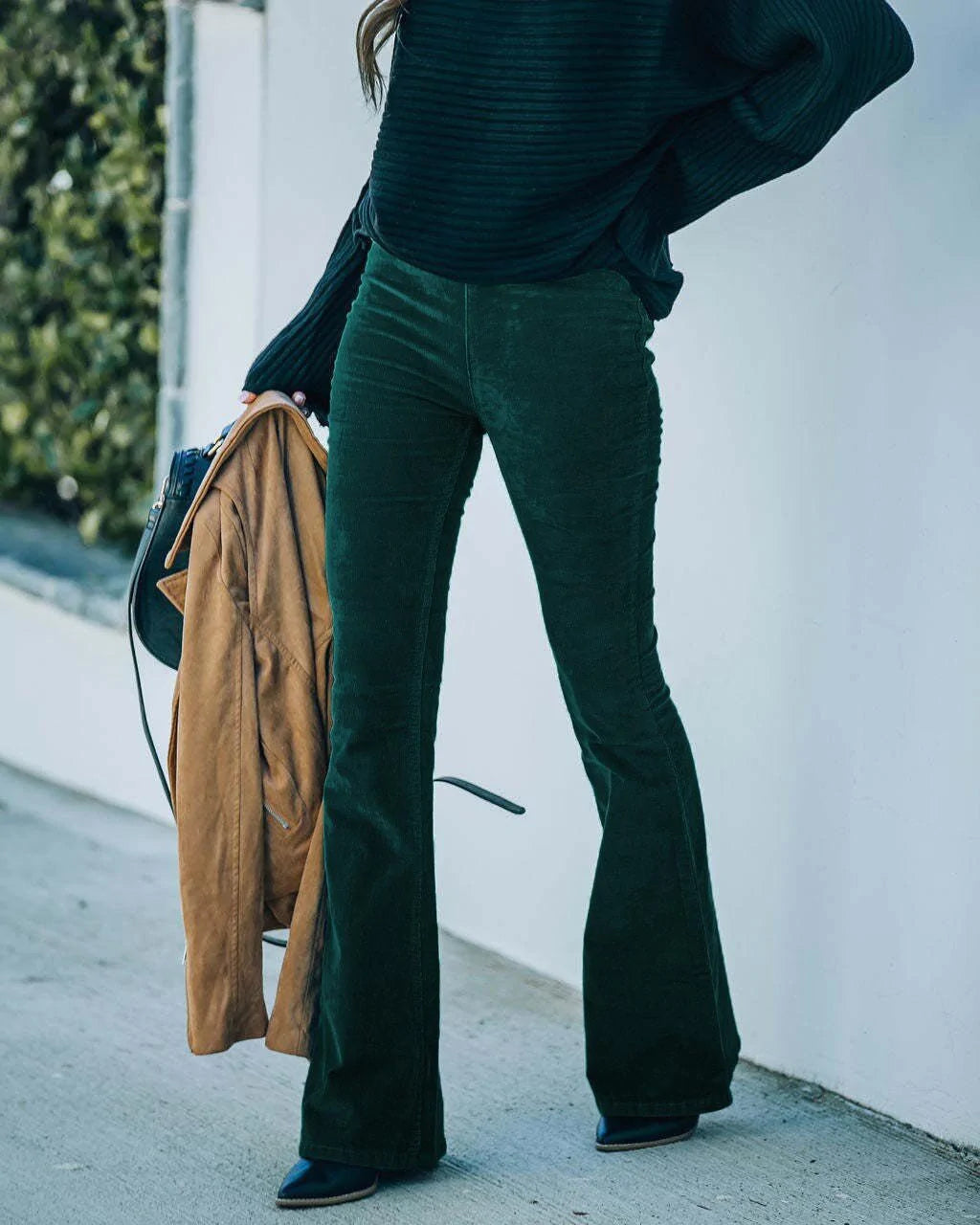 Pantalon flare pour femme automne coupe évasée taille haute en velours Léa