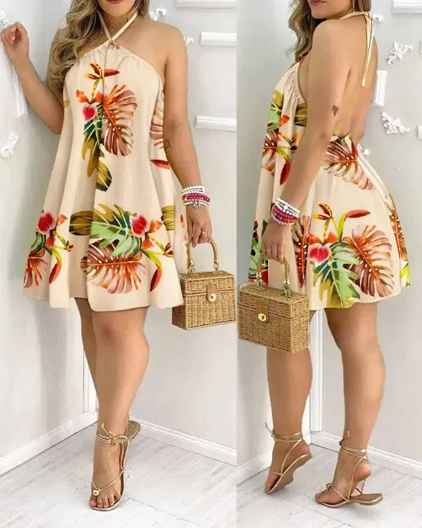 Coralie – Robe d'été courte dos nu à imprimé tropical