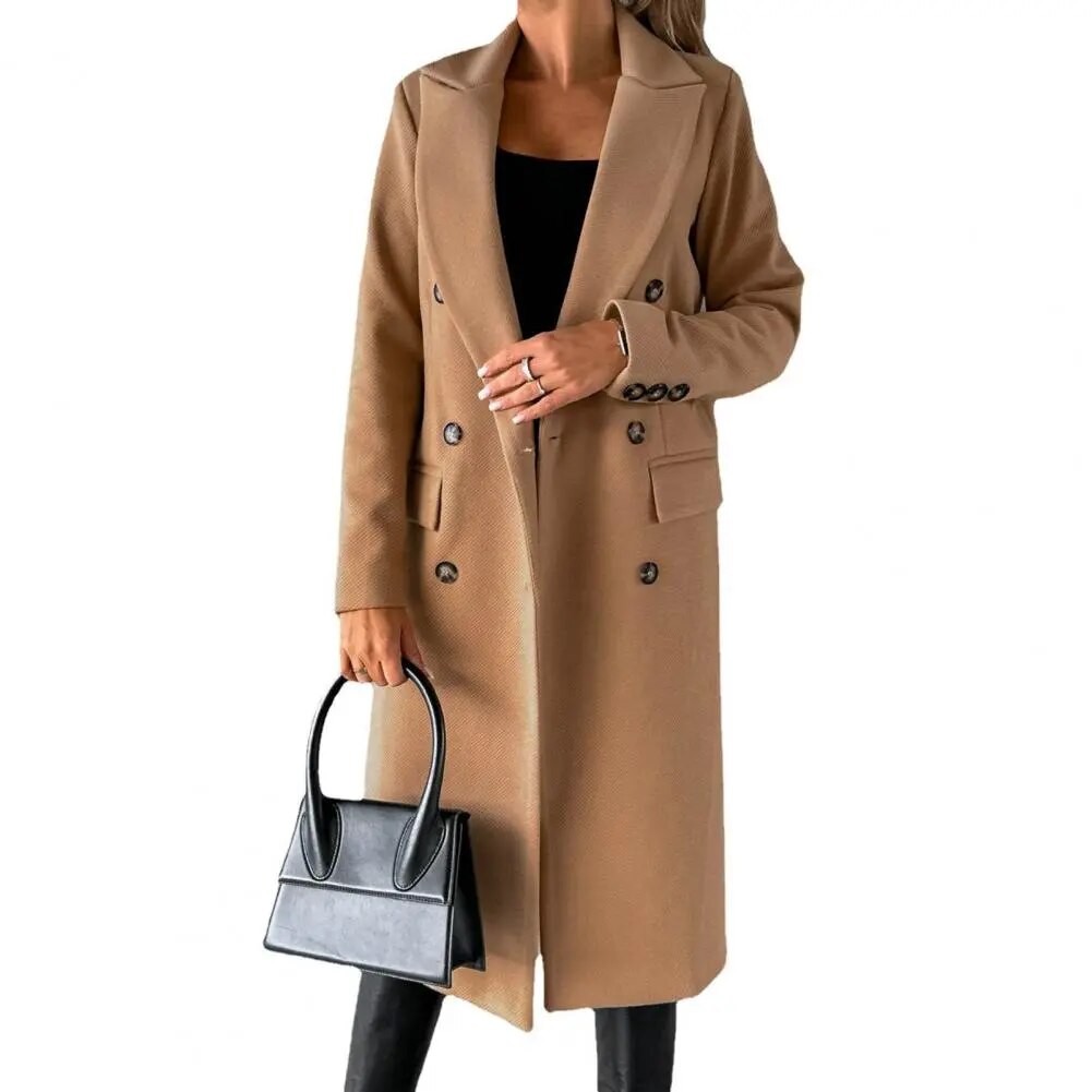 Manteau long pour femme automne élégant chaud en laine mélangée à double boutonnage Isaline
