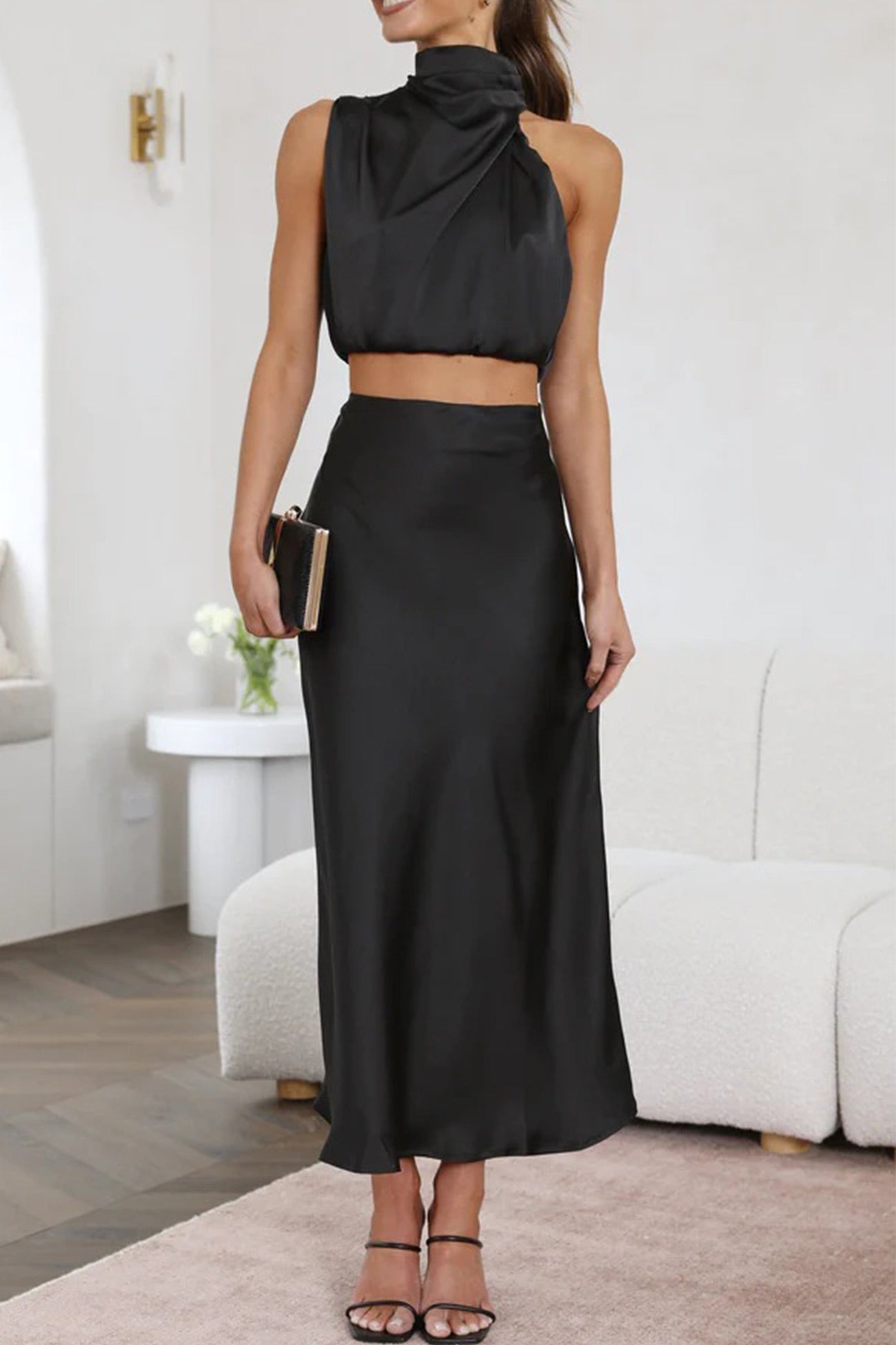 Clarisse – Ensemble Satiné Élégant avec Crop Top et Jupe Midi