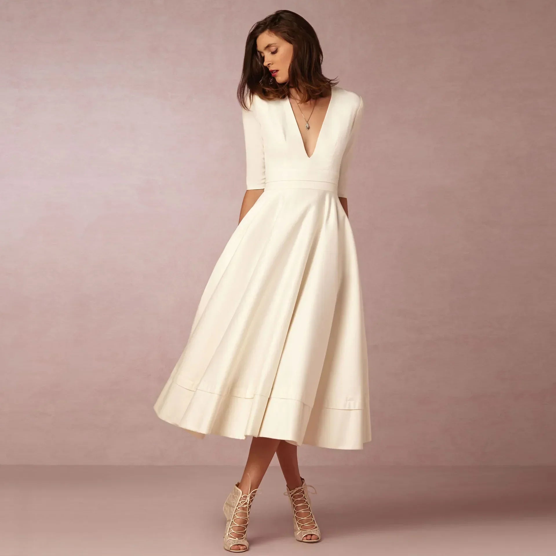 Constance – Robe midi d'été à col en V et manches au coude femme