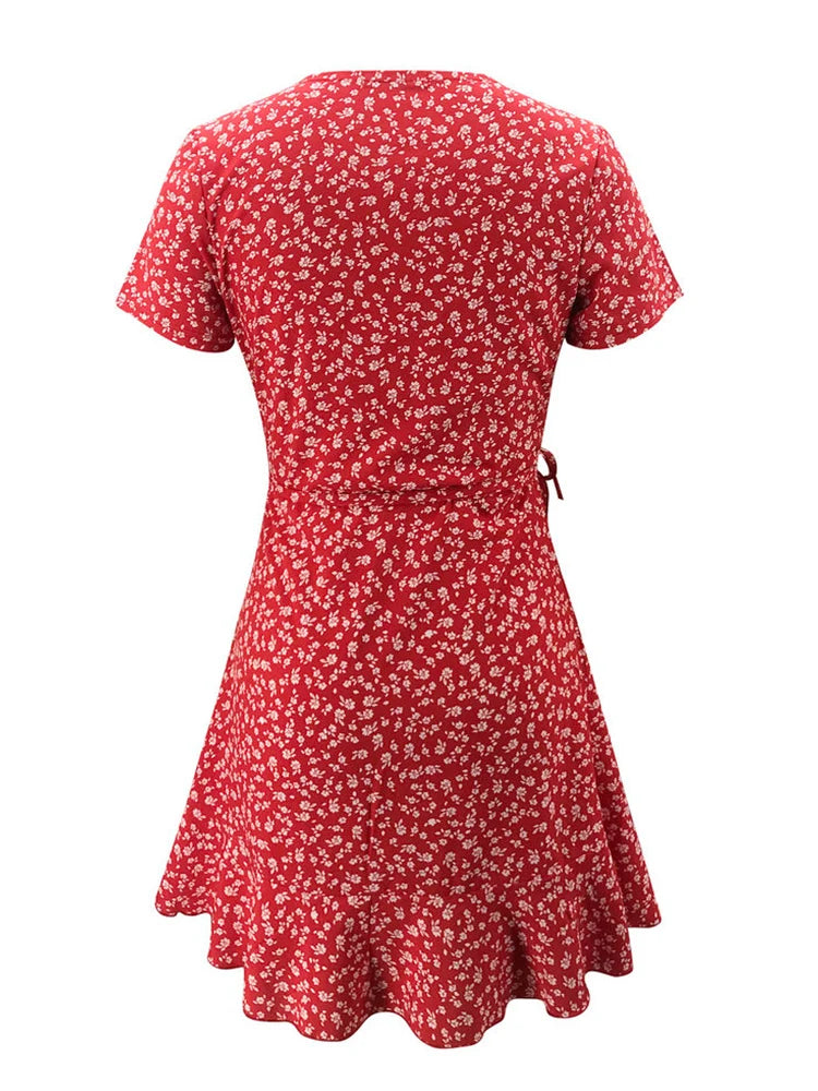 Camille – Robe courte fleurie à col V et volants
