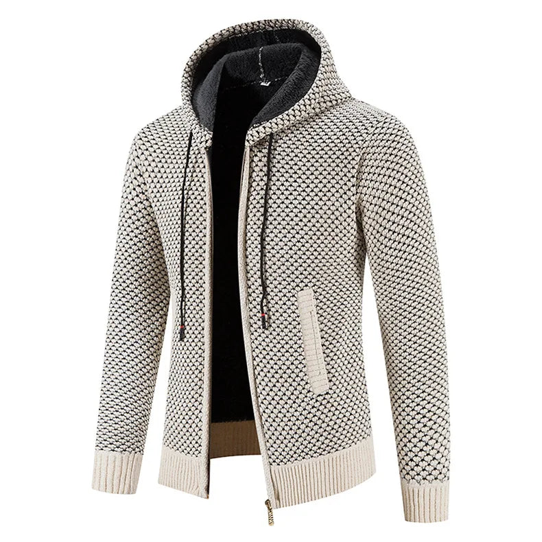 Veste zippée en maille pour homme automne chaude doublée en polaire avec capuche intégrée Noé