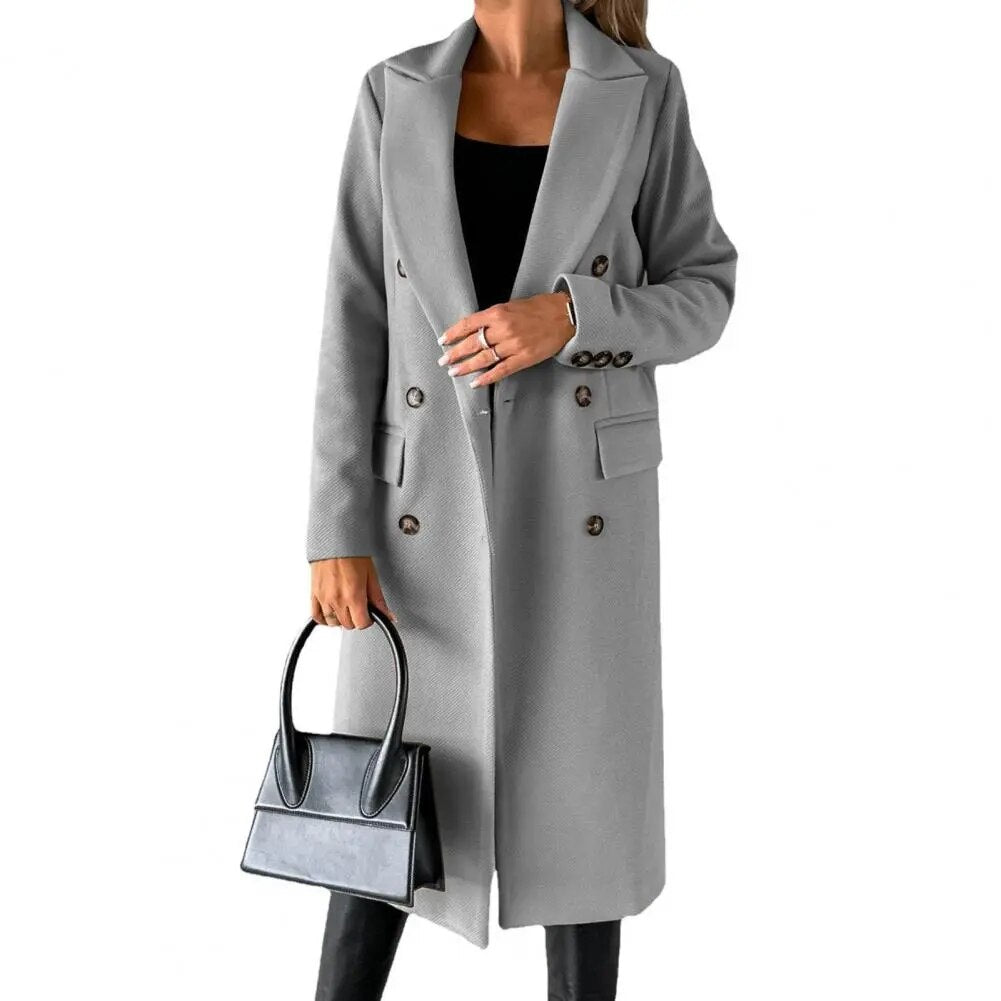 Manteau long pour femme automne élégant chaud en laine mélangée à double boutonnage Isaline