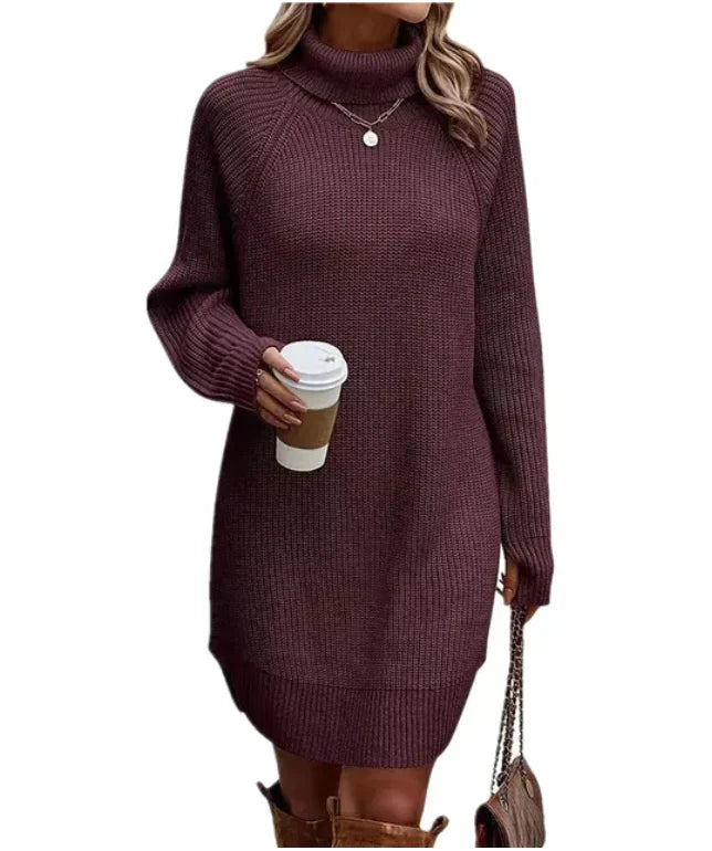 Robe pull pour femme automne douce chaude en maille torsadée avec col roulé Émilie