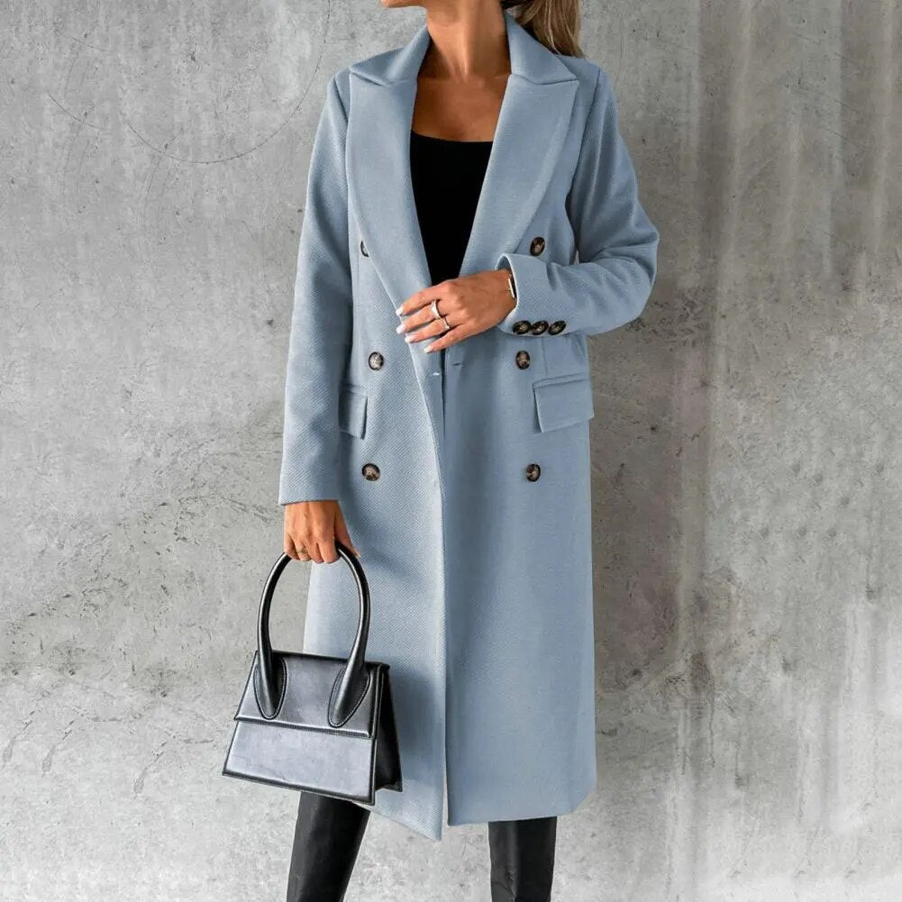 Manteau long pour femme automne élégant chaud en laine mélangée à double boutonnage Isaline