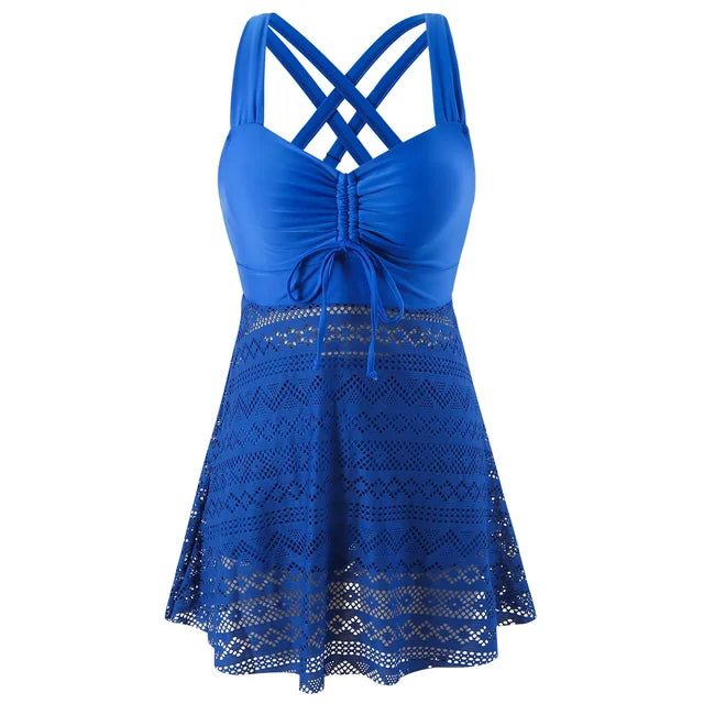 Tankini gainant femme couvrant, maillot de bain froncé à bretelles larges
