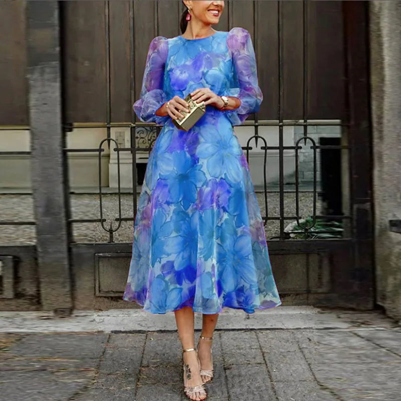 Amélie – Robe midi à fleurs rose et bleu femme