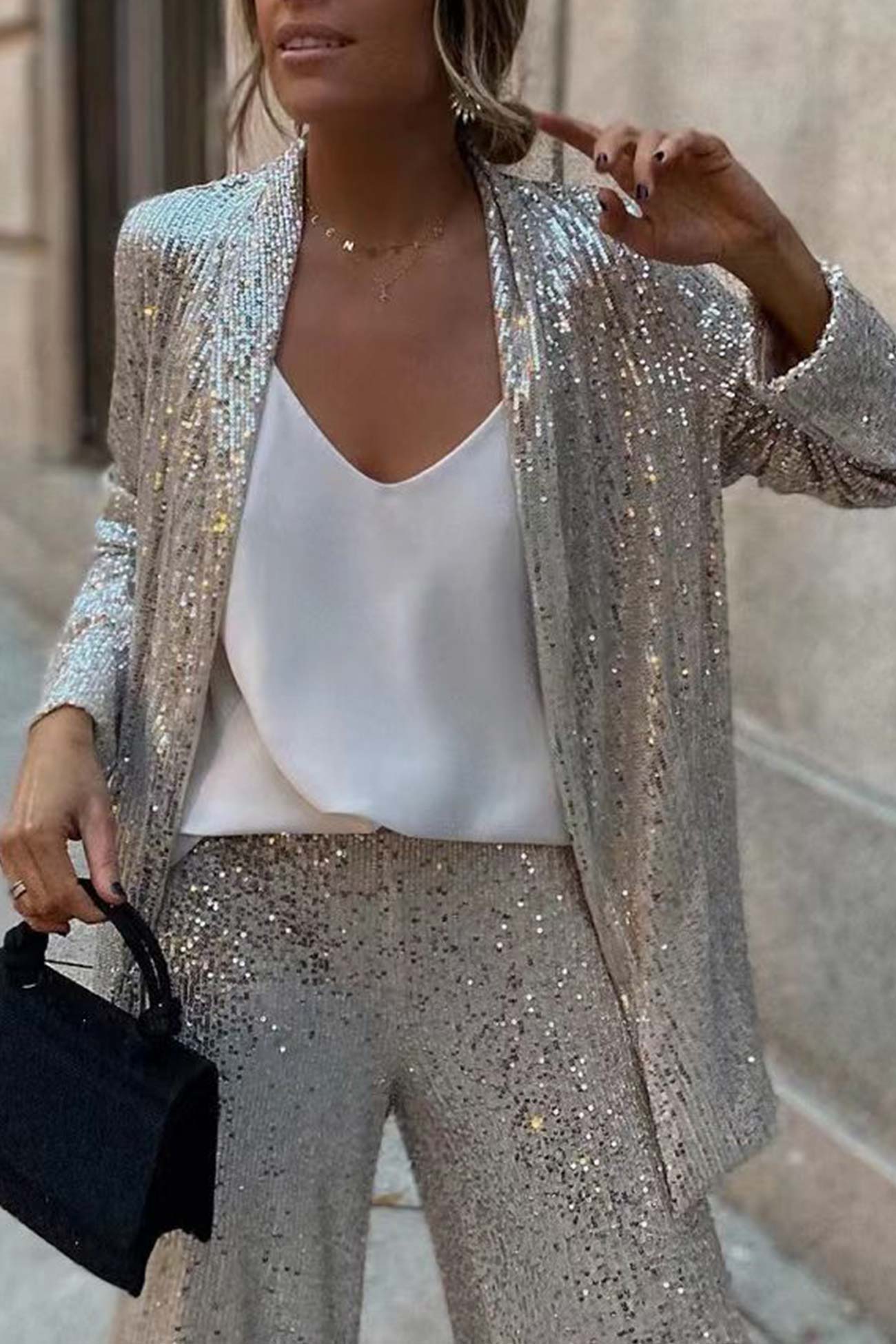 Aurore – Ensemble Blazer Pailleté à Manches Longues et Pantalon Évasé