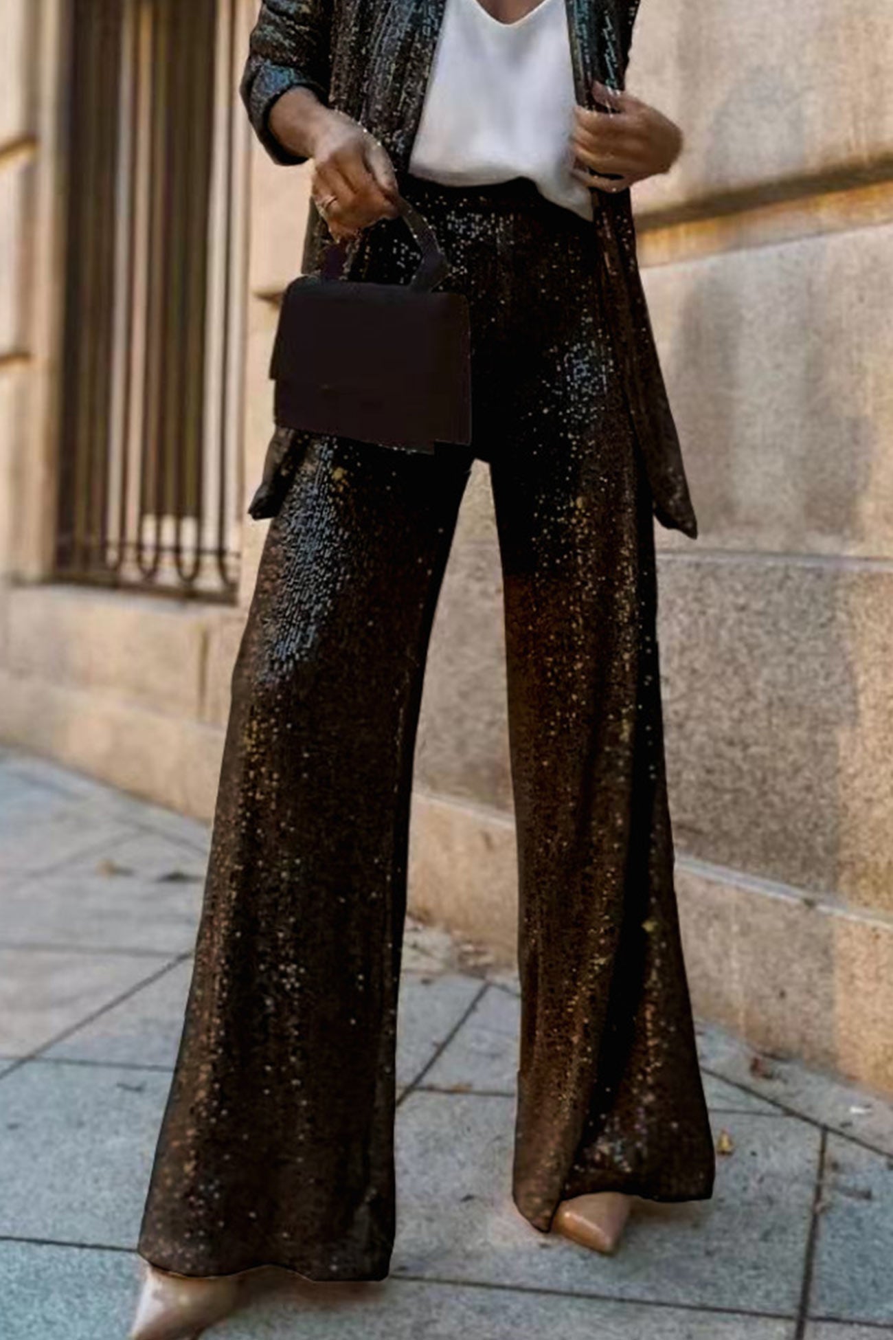 Aurore – Ensemble Blazer Pailleté à Manches Longues et Pantalon Évasé