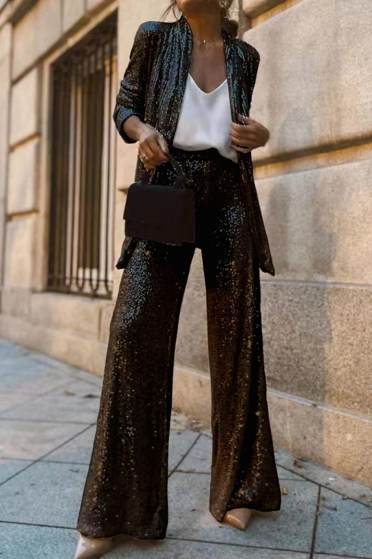Aurore – Ensemble Blazer Pailleté à Manches Longues et Pantalon Évasé