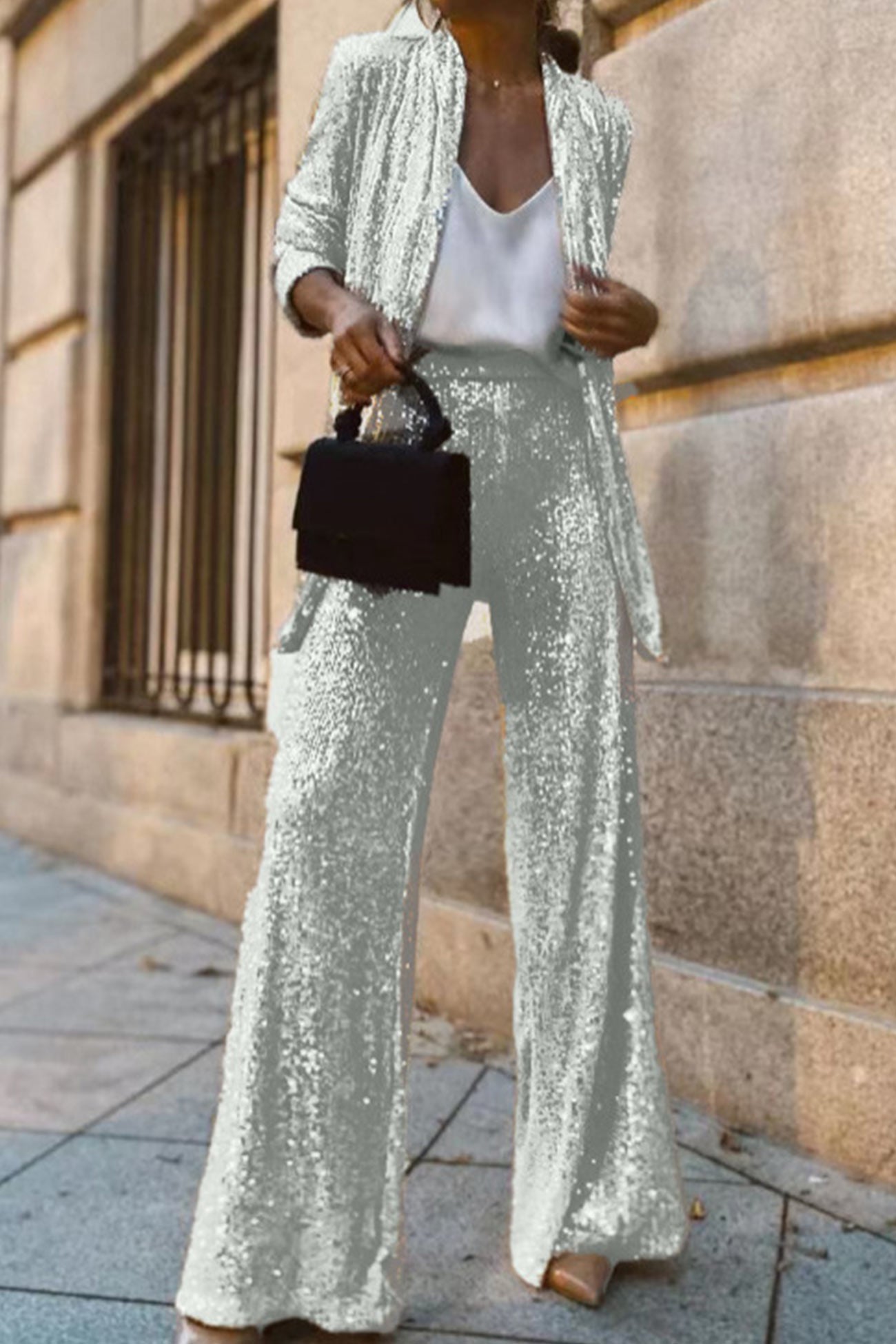 Aurore – Ensemble Blazer Pailleté à Manches Longues et Pantalon Évasé