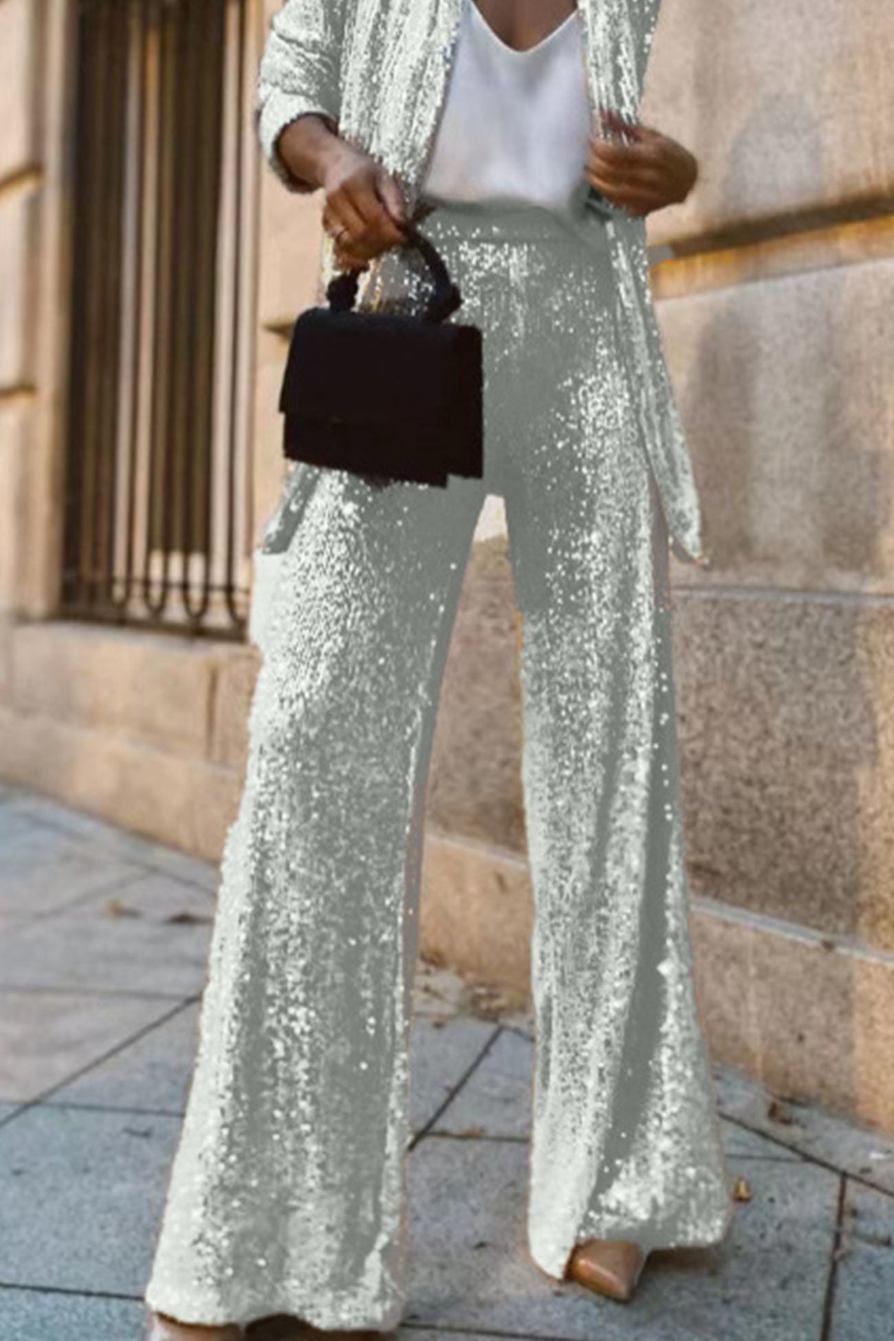 Aurore – Ensemble Blazer Pailleté à Manches Longues et Pantalon Évasé