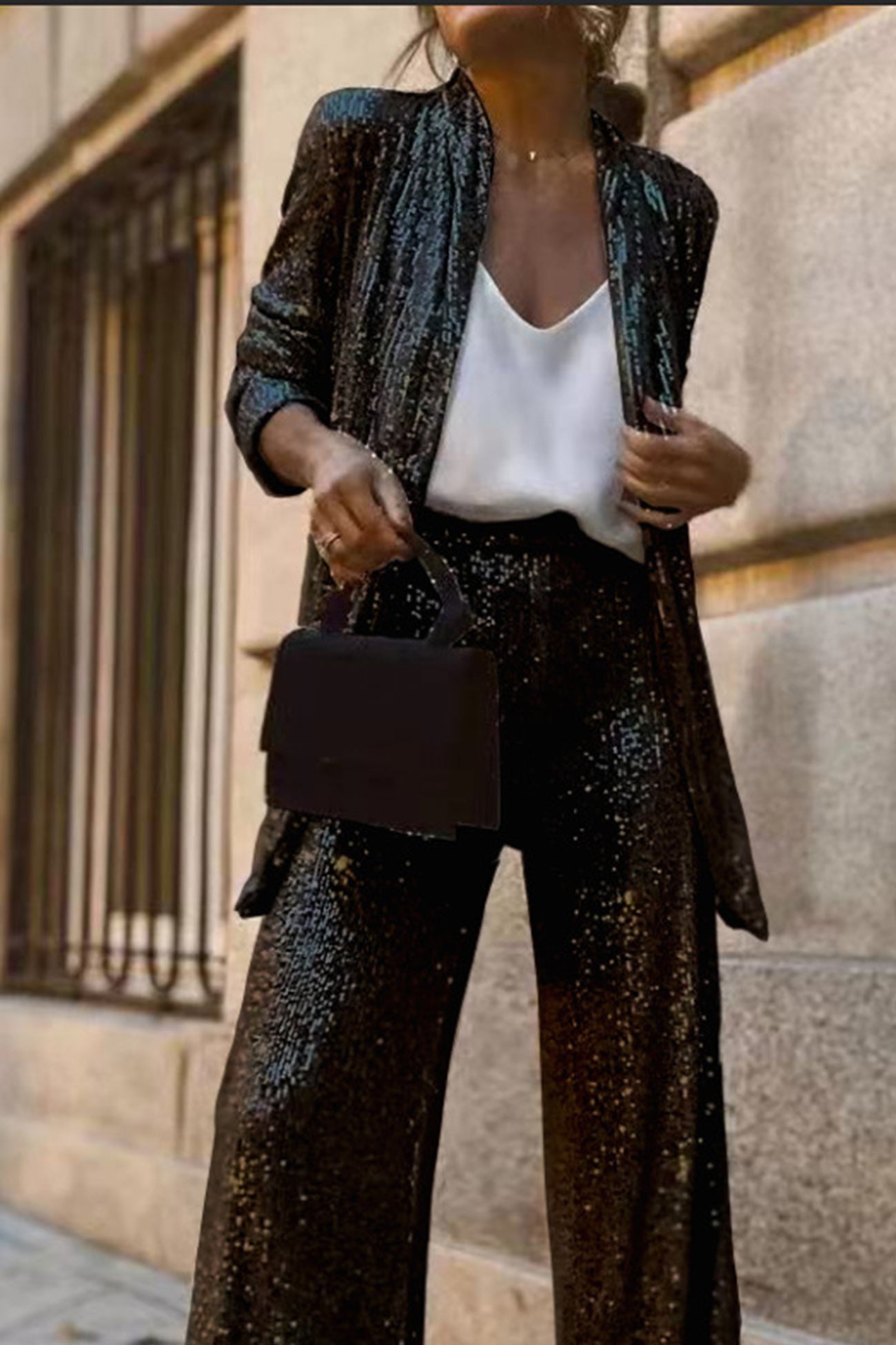 Aurore – Ensemble Blazer Pailleté à Manches Longues et Pantalon Évasé