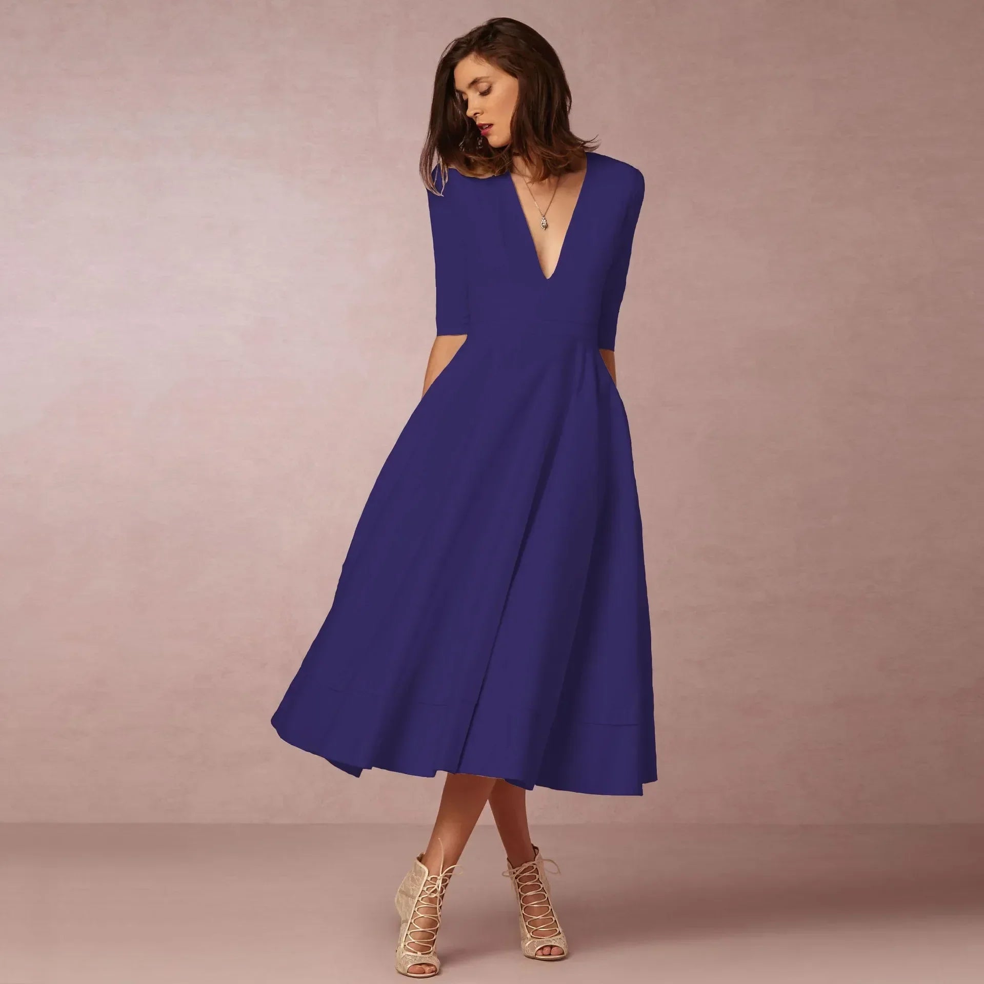 Constance – Robe midi d'été à col en V et manches au coude femme