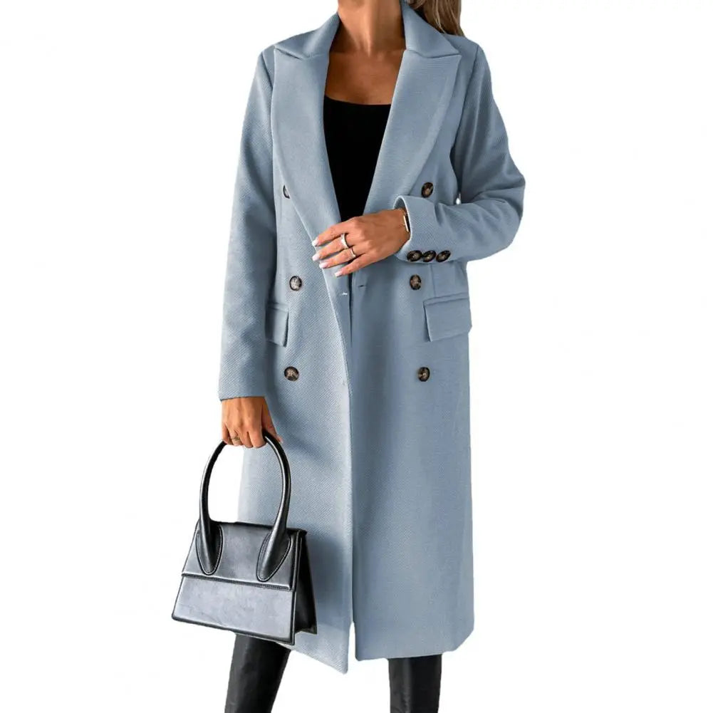 Manteau long pour femme automne élégant chaud en laine mélangée à double boutonnage Isaline