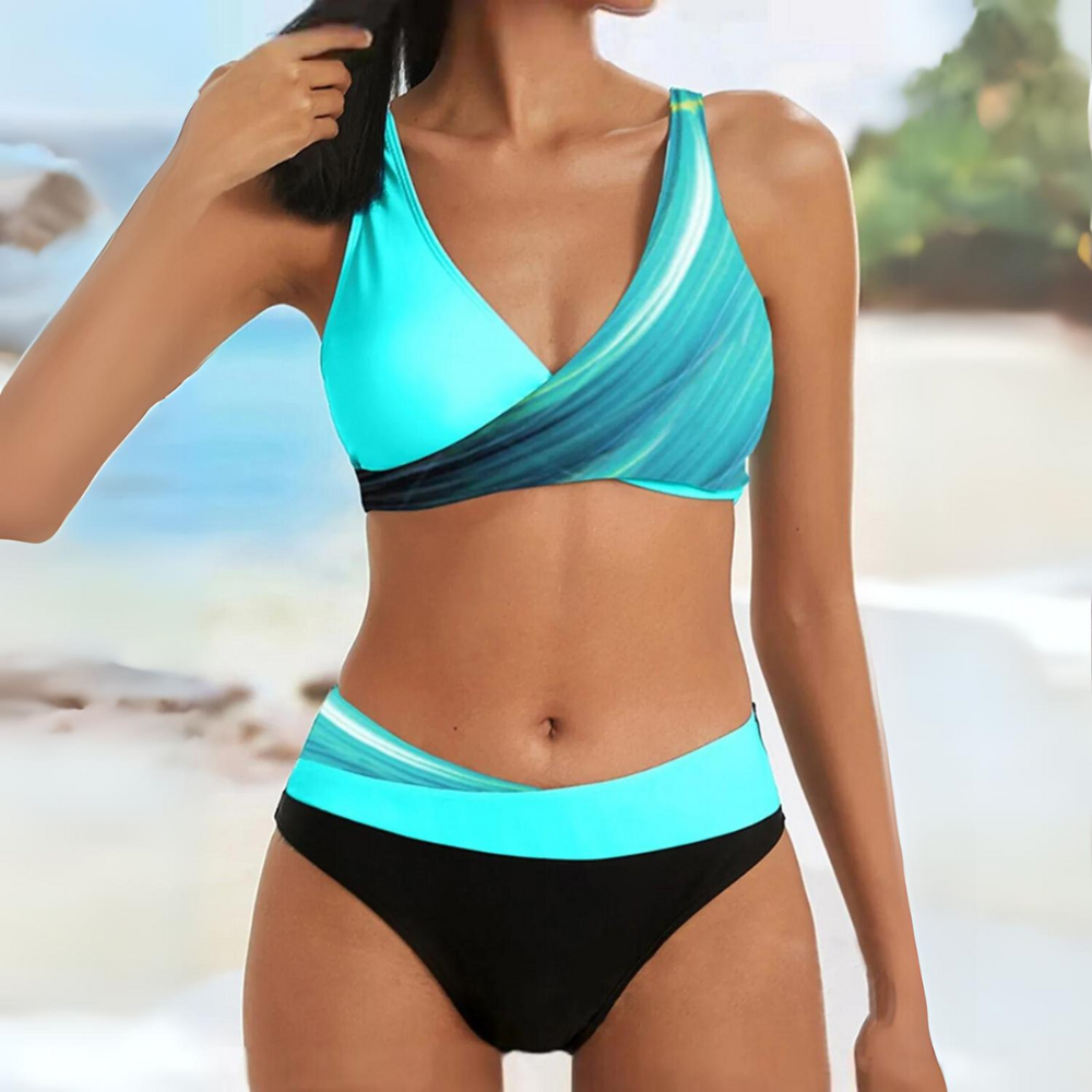 Maillot de bain femme deux pièces colorblock à taille haute