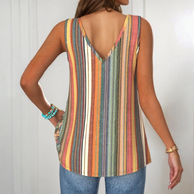 Top femme sans manches à rayures multicolores et col en V