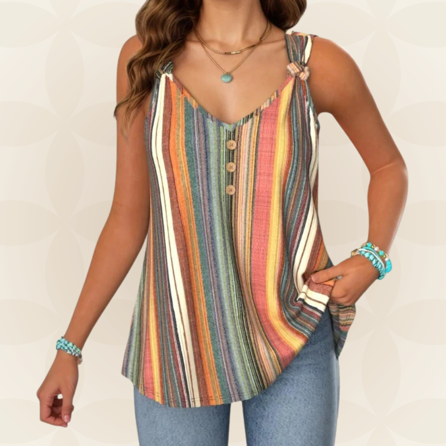 Top femme sans manches à rayures multicolores et col en V