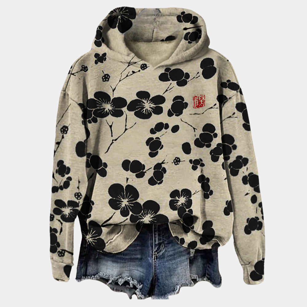 Sweat à capuche pour femme automne en coton mélangé à imprimé floral à coupe décontractée Hanaé