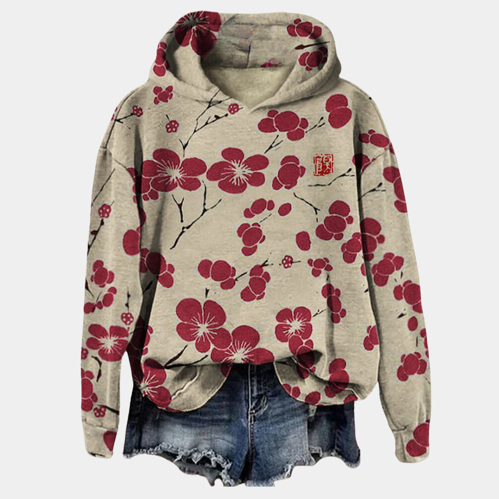 Sweat à capuche pour femme automne en coton mélangé à imprimé floral à coupe décontractée Hanaé