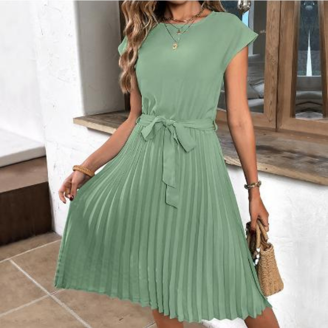 Léna – Robe midi plissée à manches courtes femme