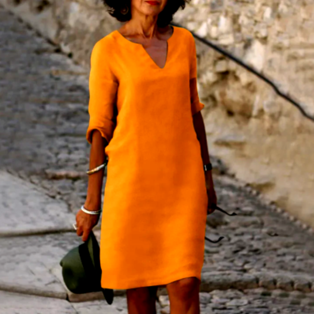 Bérénice – Robe midi à col en V et manches trois-quarts femme