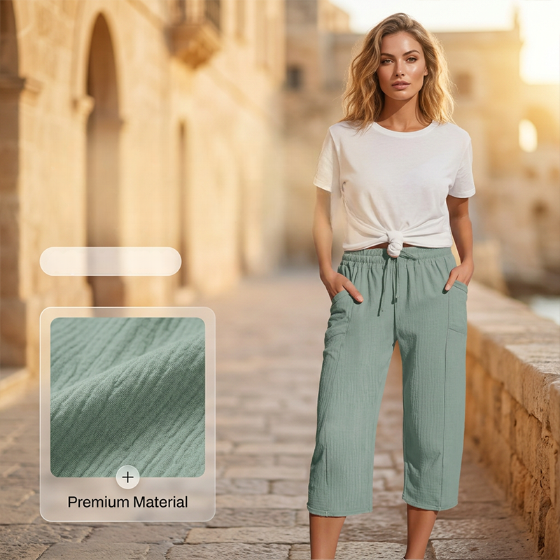 Pantalon capri femme léger en coton et lin respirant