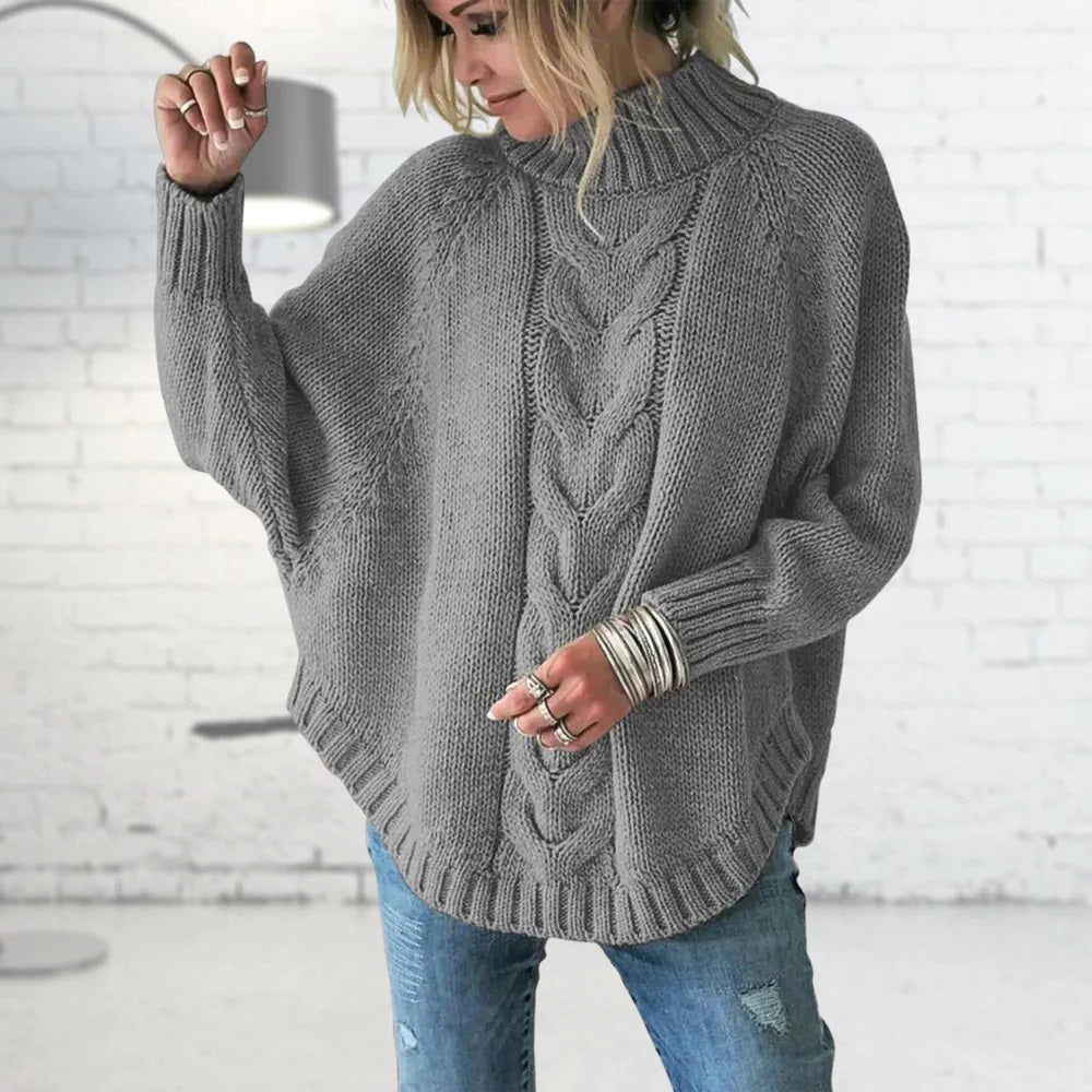Pull pour femme automne chaud torsadé en maille épaisse avec col montant Romane