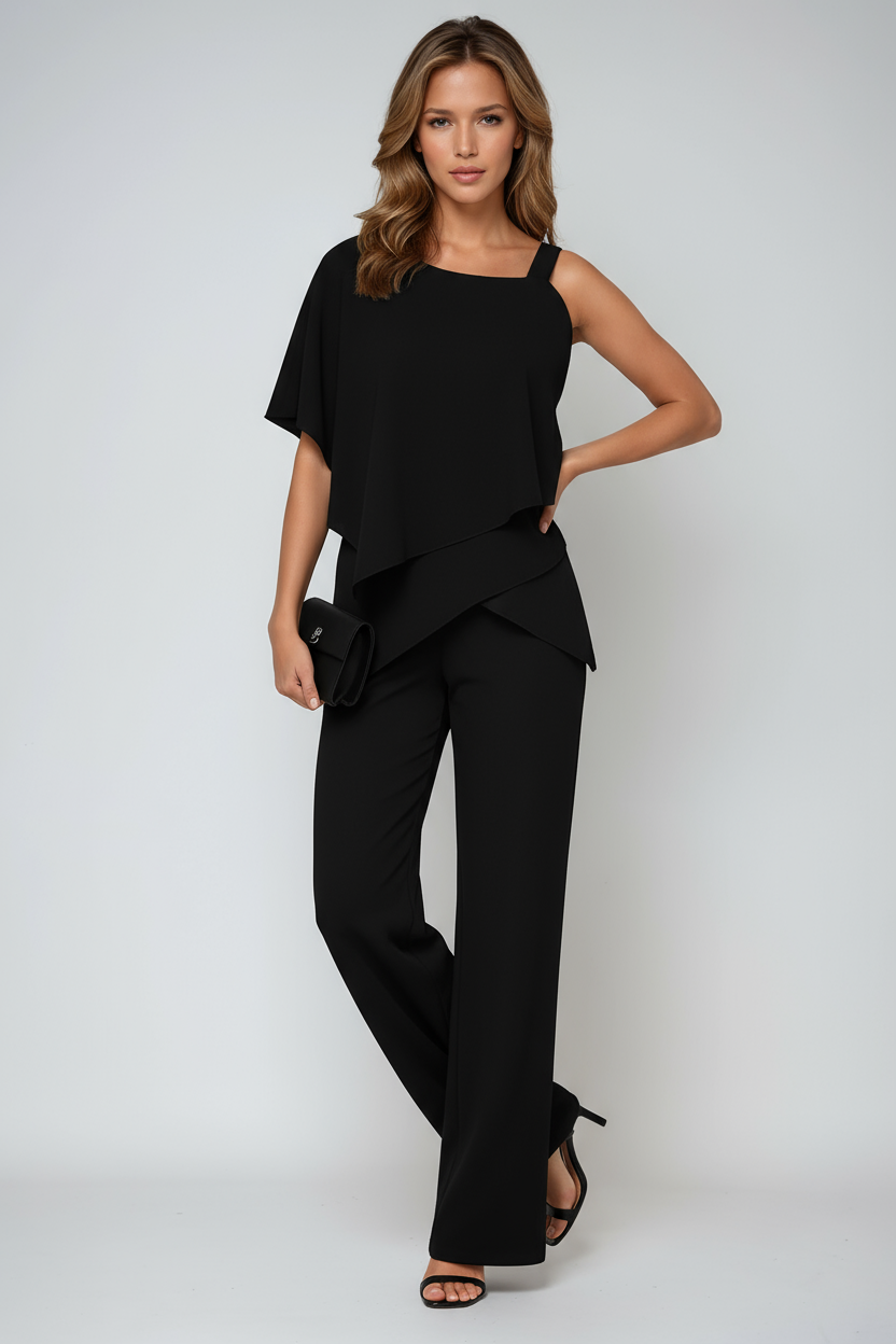 Pauline – Ensemble deux pièces top asymétrique en mousseline et pantalon à jambes larges femme