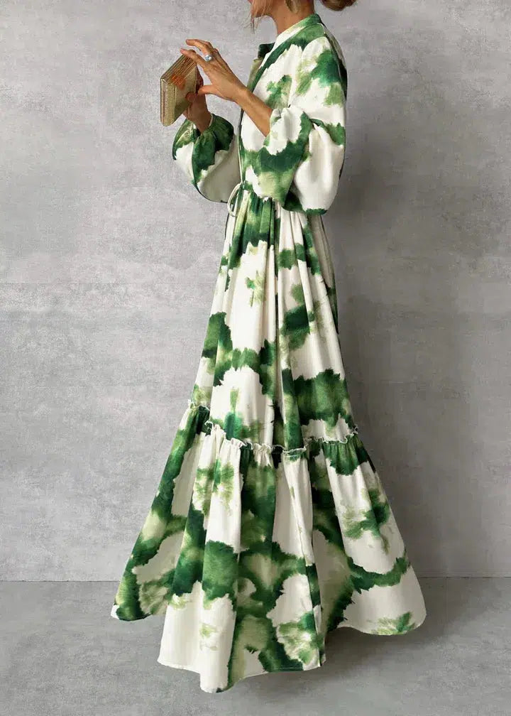Robe longue élégante à manches longues et col en V – fluidité et raffinement en toute saison