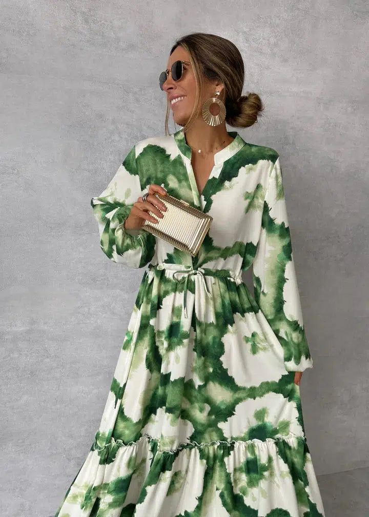 Robe longue élégante à manches longues et col en V – fluidité et raffinement en toute saison