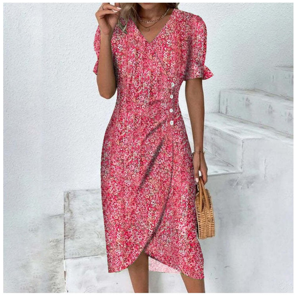 Robe portefeuille d’été pour femme à imprimé fleuri manches à volants