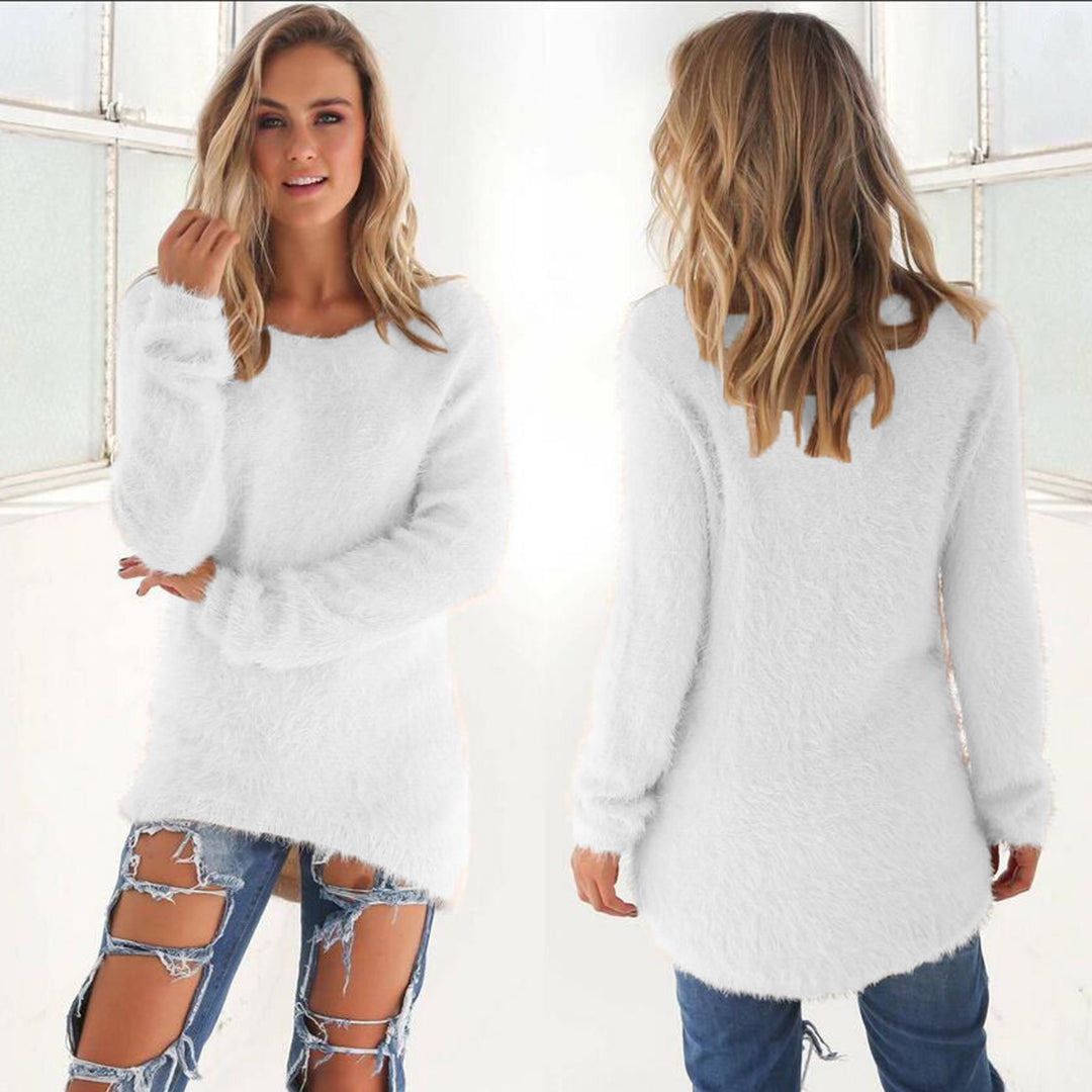 Pull pour femme automne léger duveteux en maille synthétique avec col rond Isaline