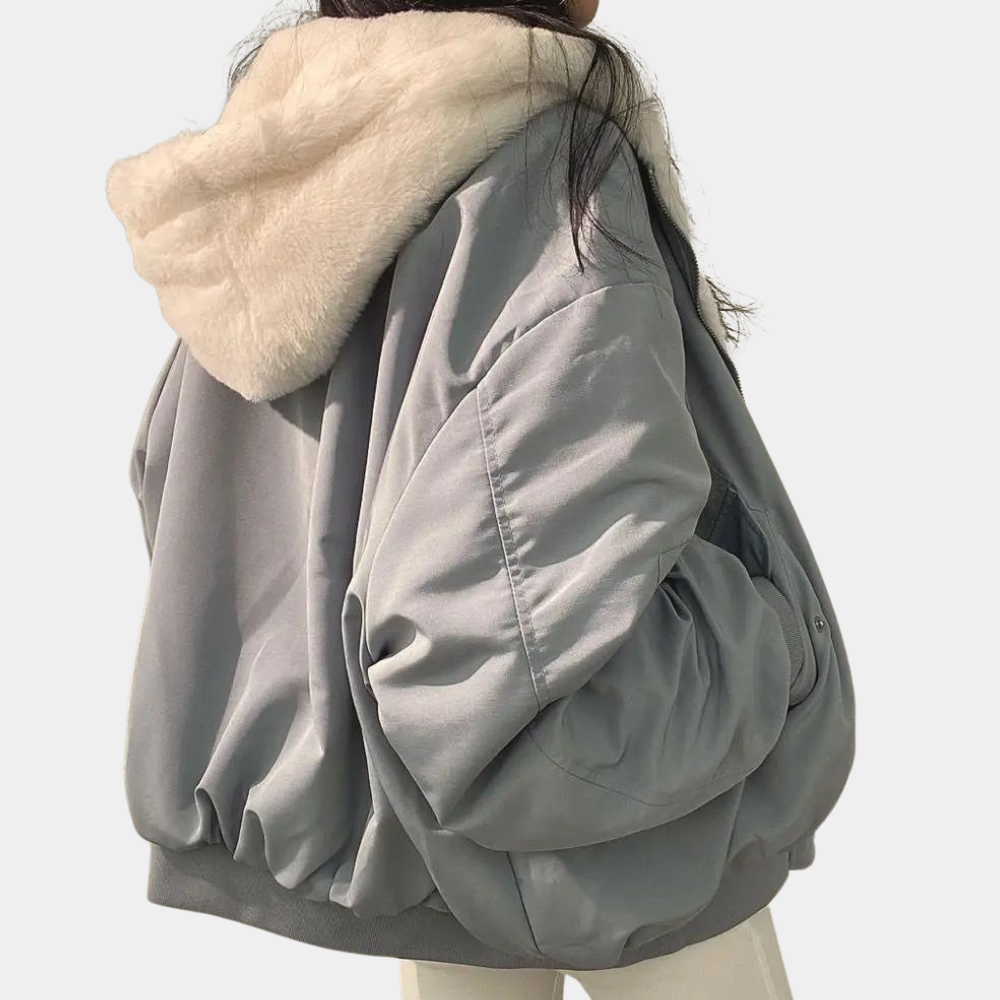 Blouson pour femme hiver court chaud avec capuche doublure en fausse fourrure coupe oversize Solène