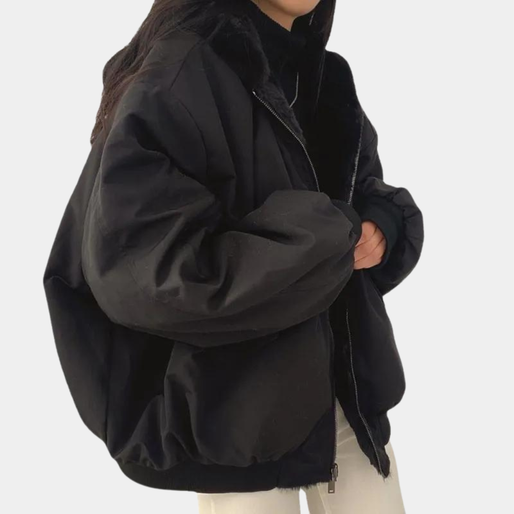 Solène – Blouson femme hiver à capuche doublé en fausse fourrure oversize