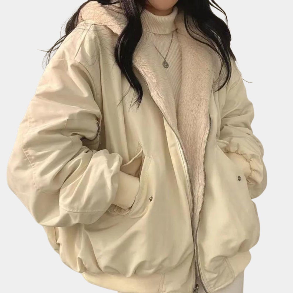 Solène – Blouson femme hiver à capuche doublé en fausse fourrure oversize
