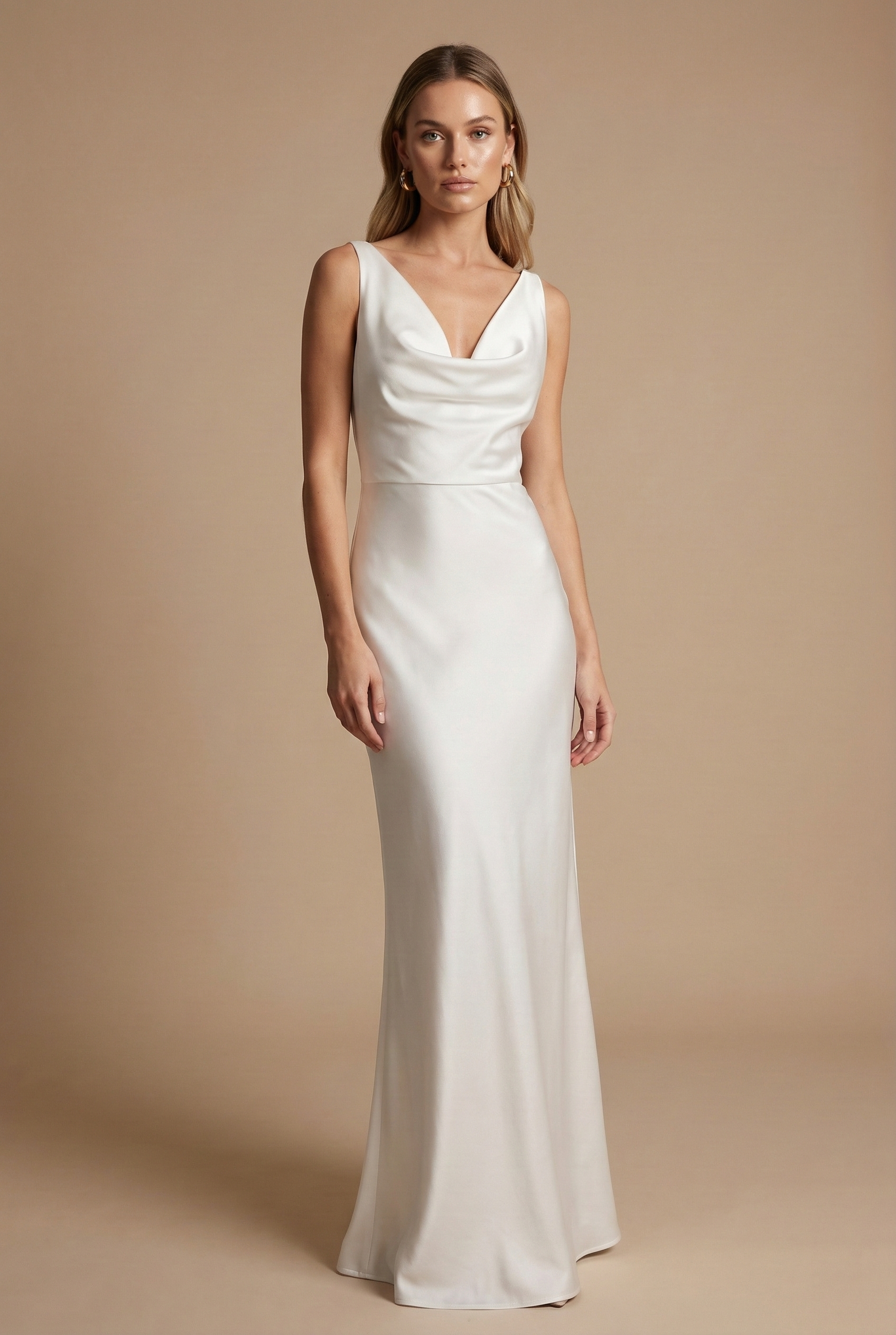 Constance – Robe maxi nuisette en satin à col en V et dos nu femme