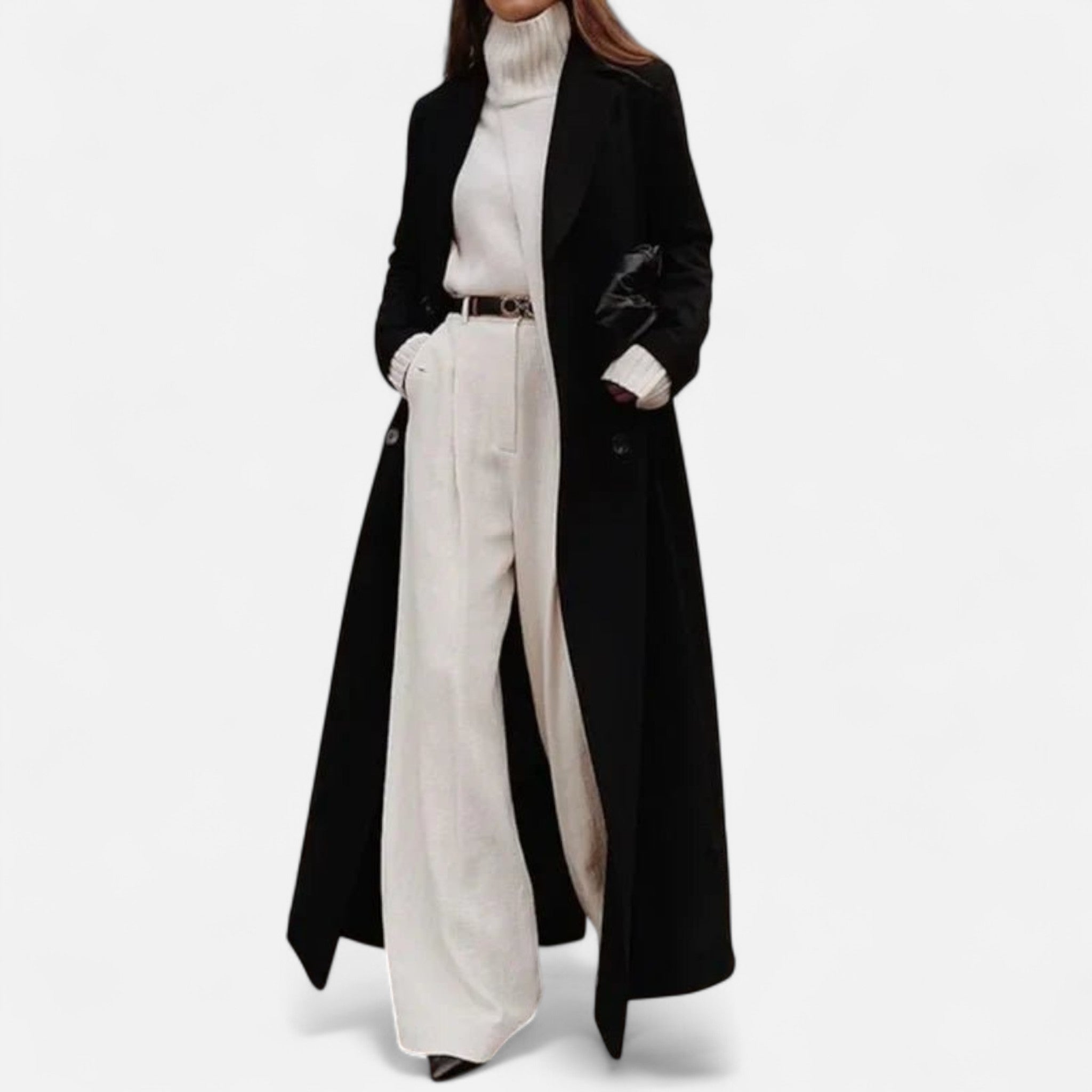 Inès – Manteau maxi noir longue coupe élégante femme